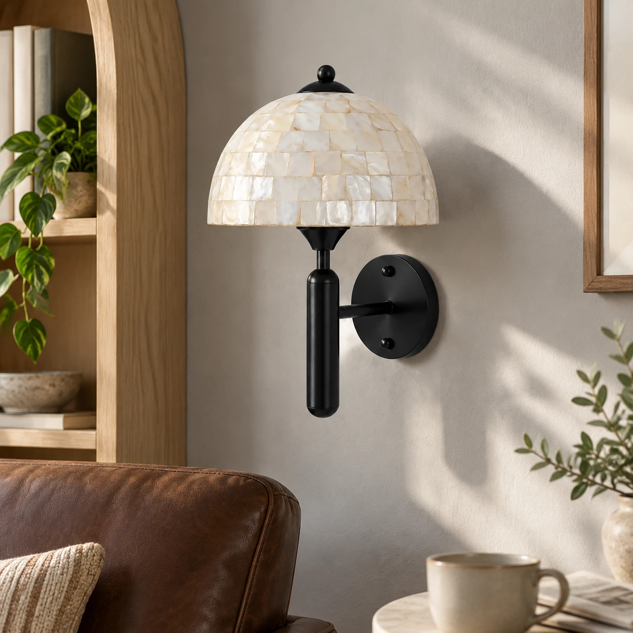 Black Nerelle white shell dome wall sconce