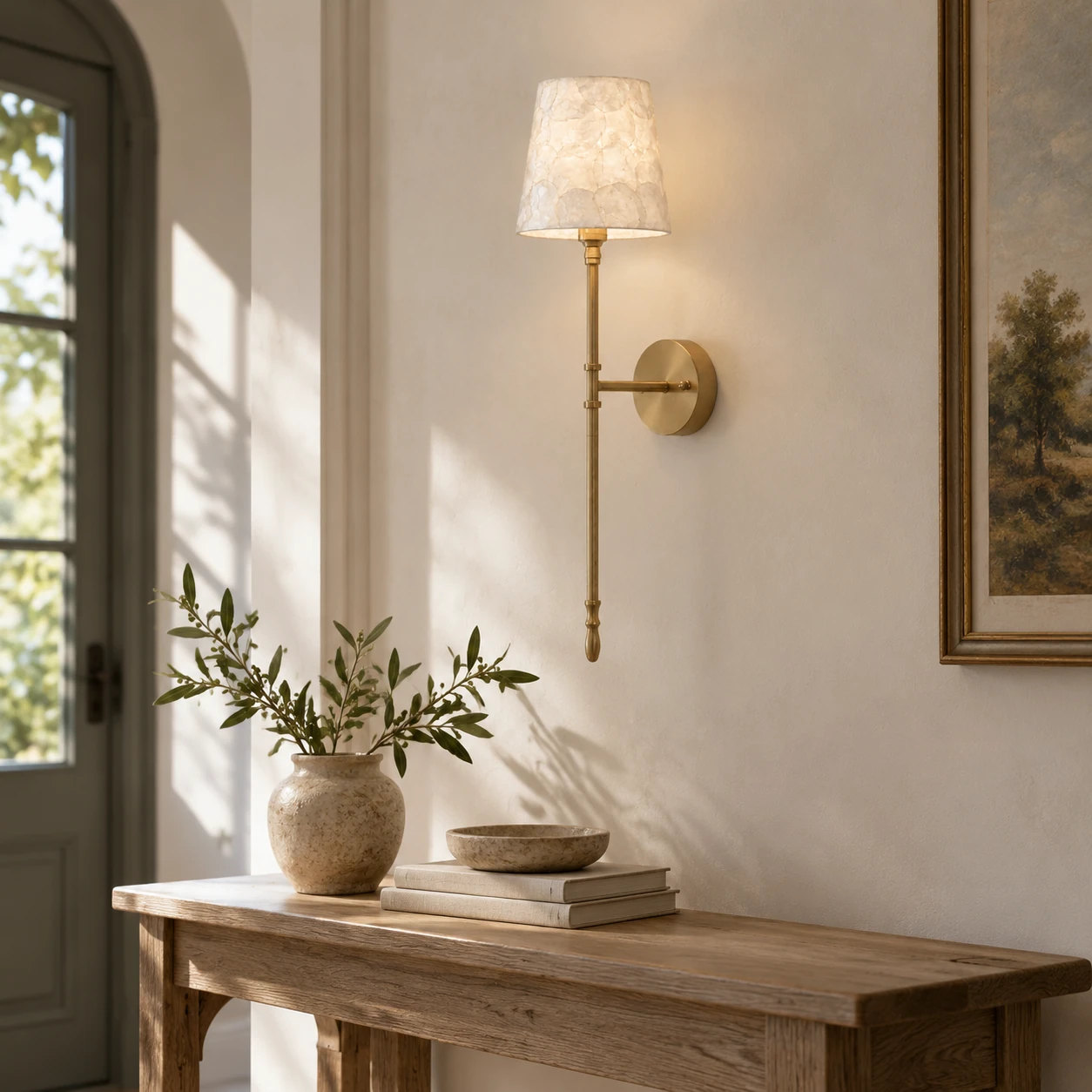 Elodie French Vintage Mosaic Capiz Tapered Wall Sconce — entry console