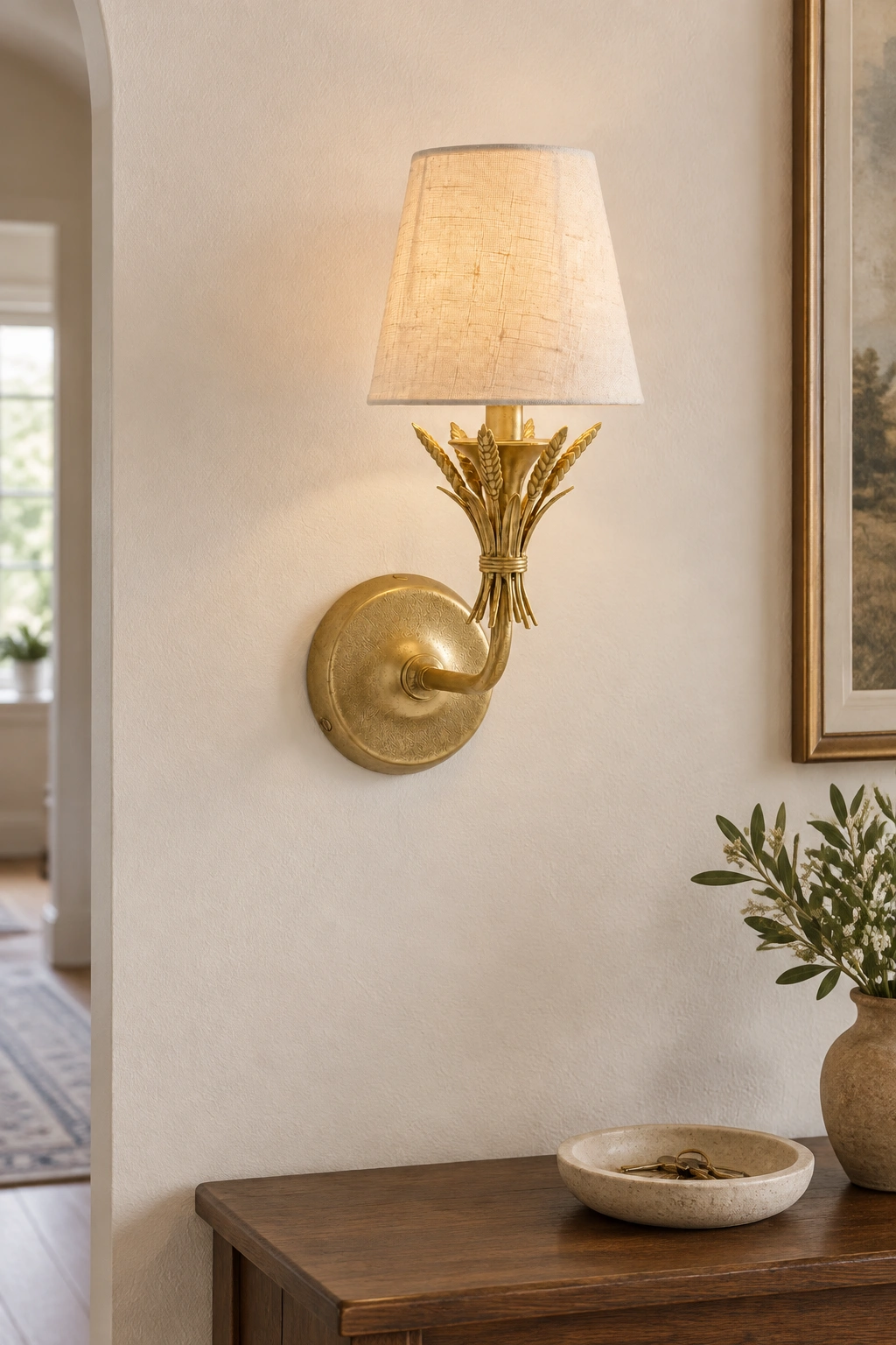 Texture-shade wall sconce mounted on a flat entryway wall above a console