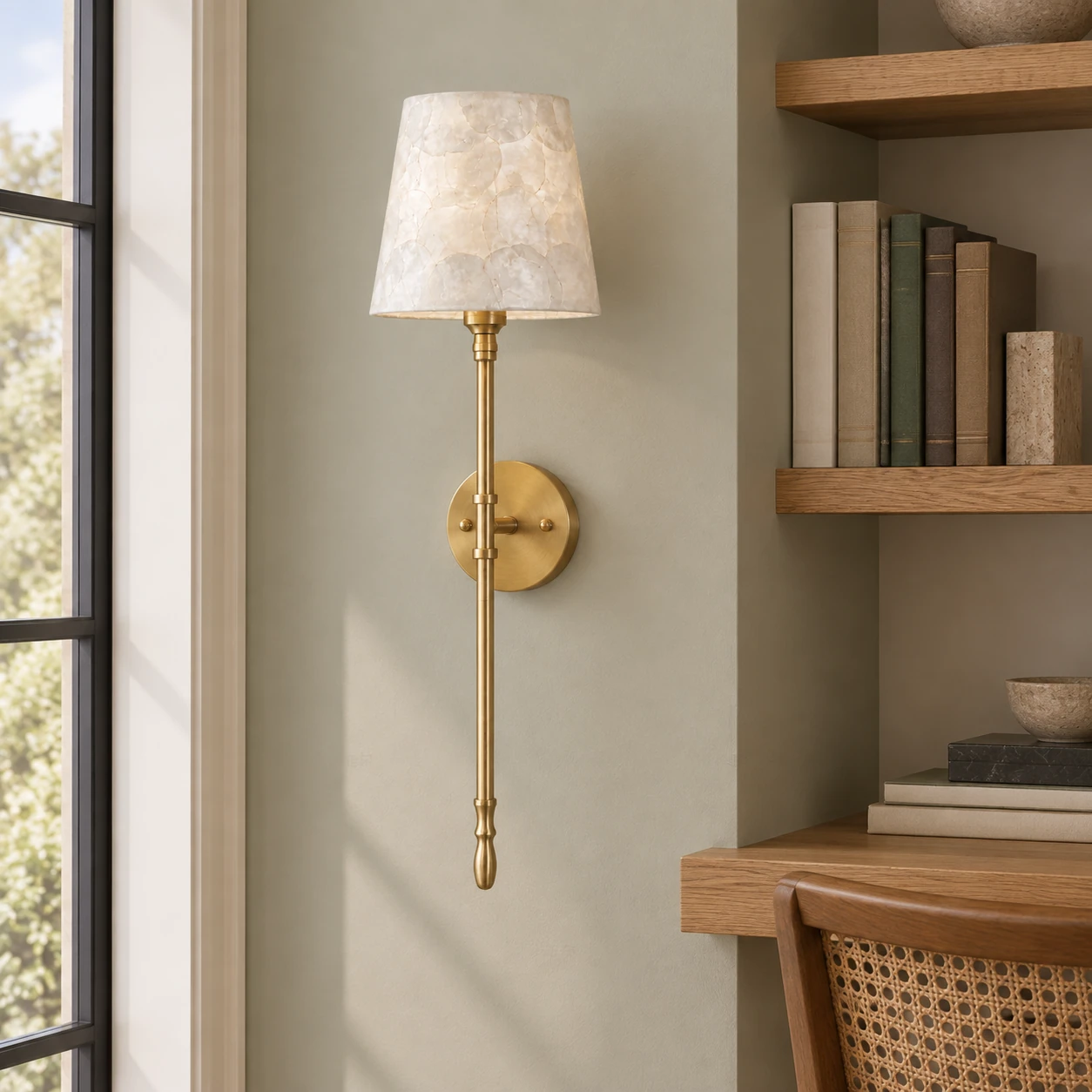 Complete shell wall sconce beside wooden shelves in a library corner