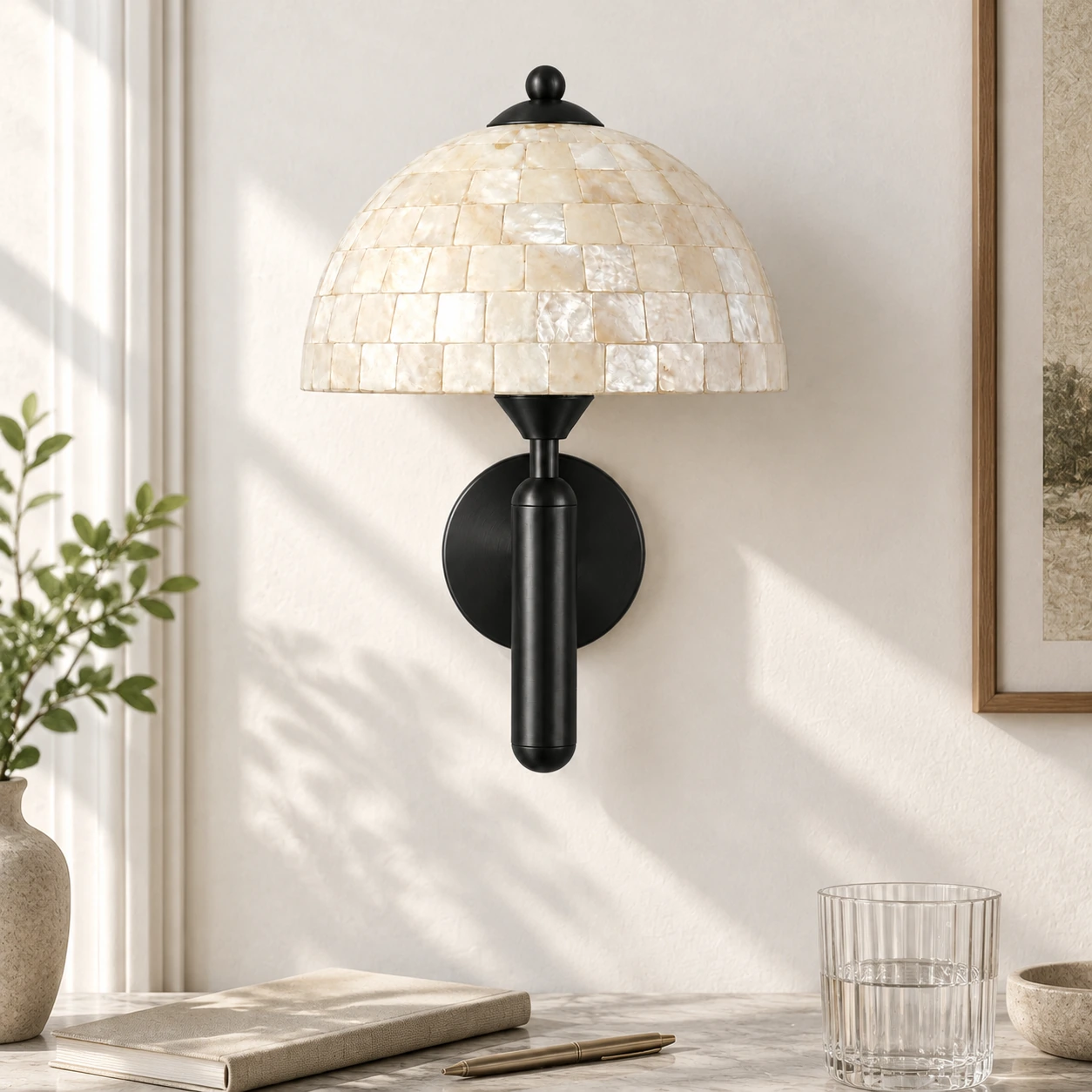 Black shell wall sconce above the corner of a writing desk