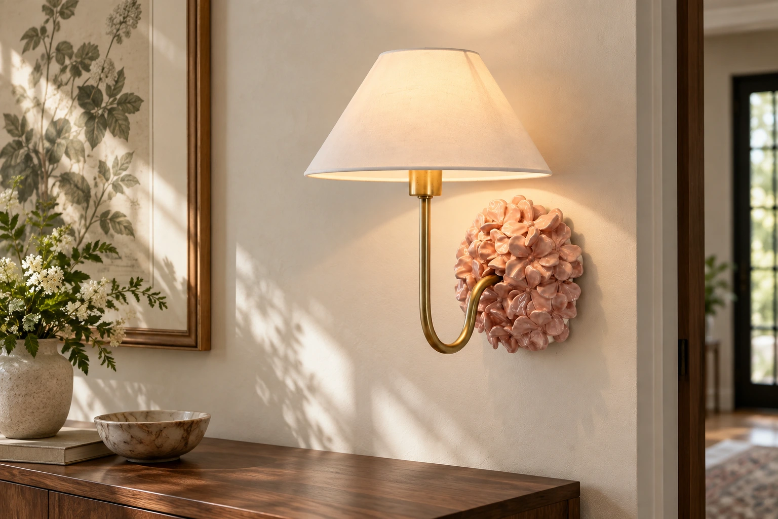 Florienne pink floral wall sconce with a linen shade above a walnut entryway console