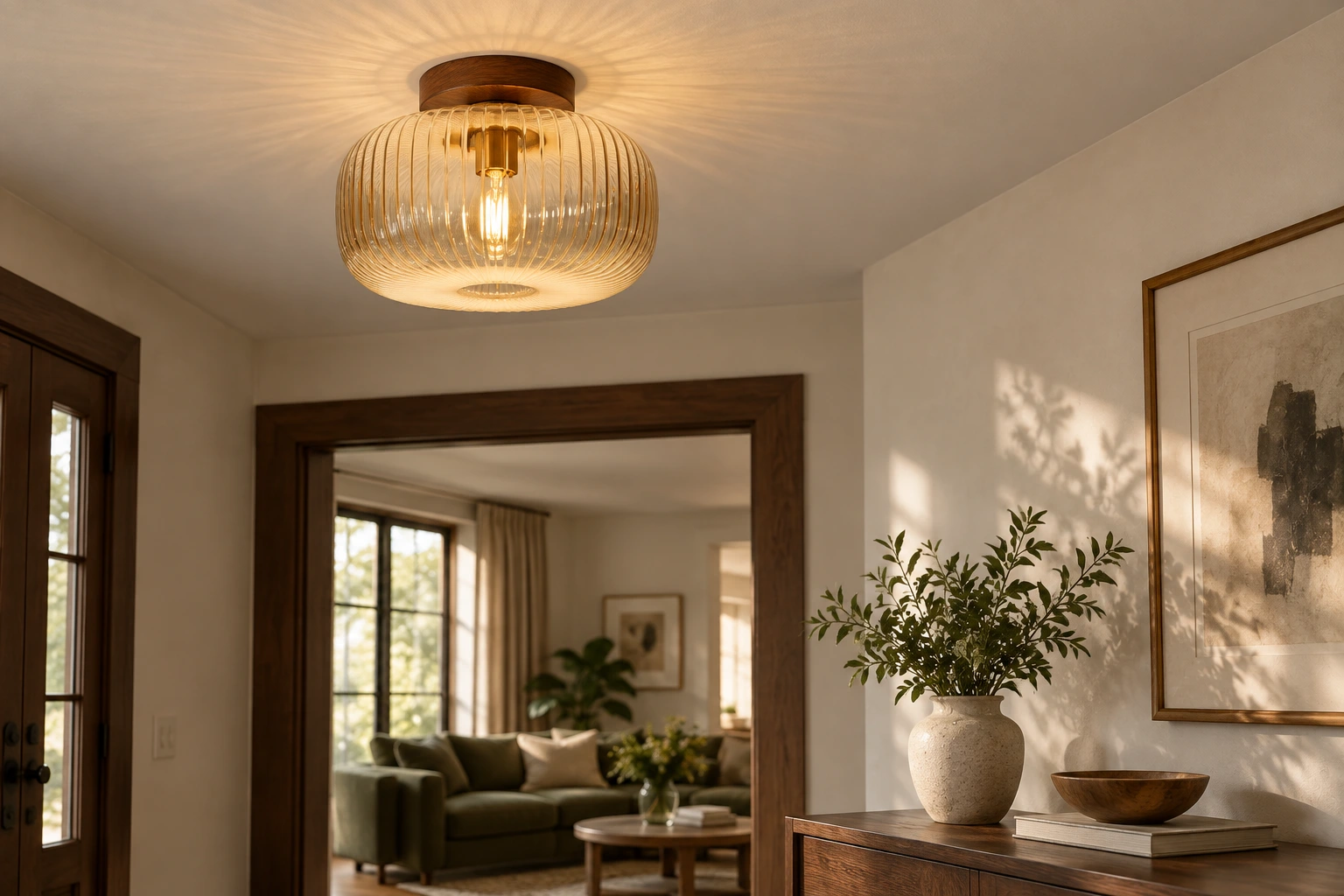 Vintage amber glass flush mount ceiling light with a wooden base in a warm entryway