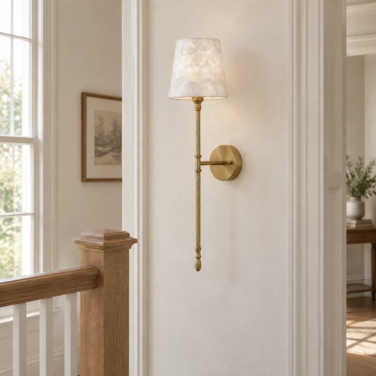 Elodie French Vintage Mosaic Capiz Tapered Wall Sconce — stair landing