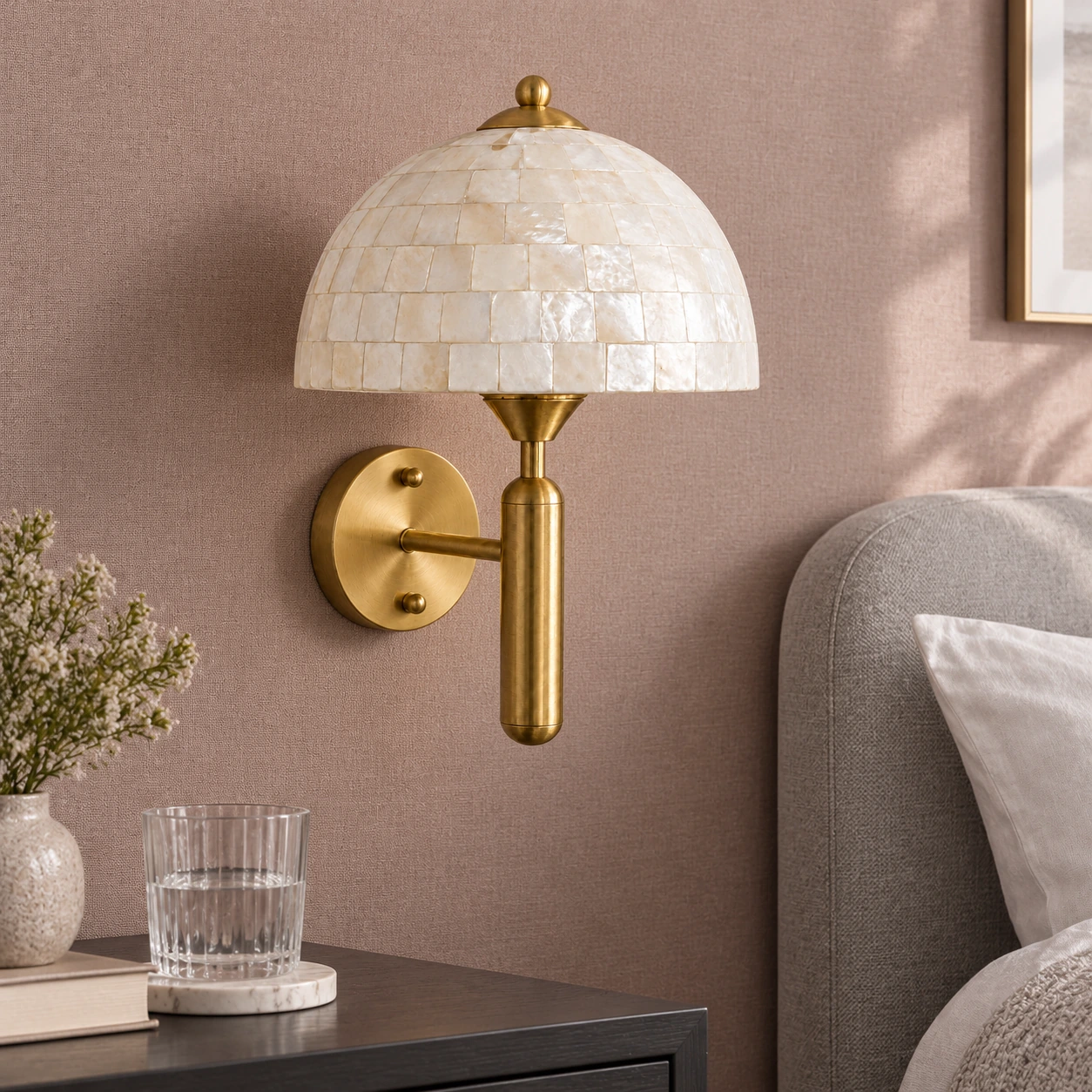 Gold Nerelle white shell dome wall sconce