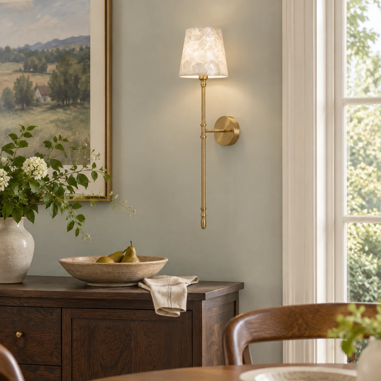 Elodie French Vintage Mosaic Capiz Tapered Wall Sconce — dining sideboard