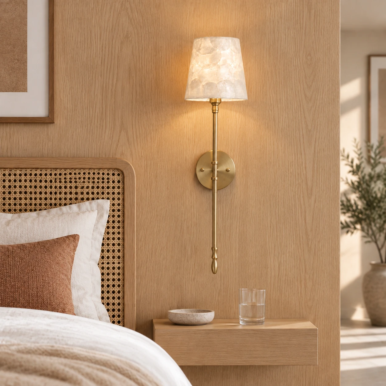 Elodie French Vintage Mosaic Capiz Tapered Wall Sconce — bedroom oak panel mounting v2