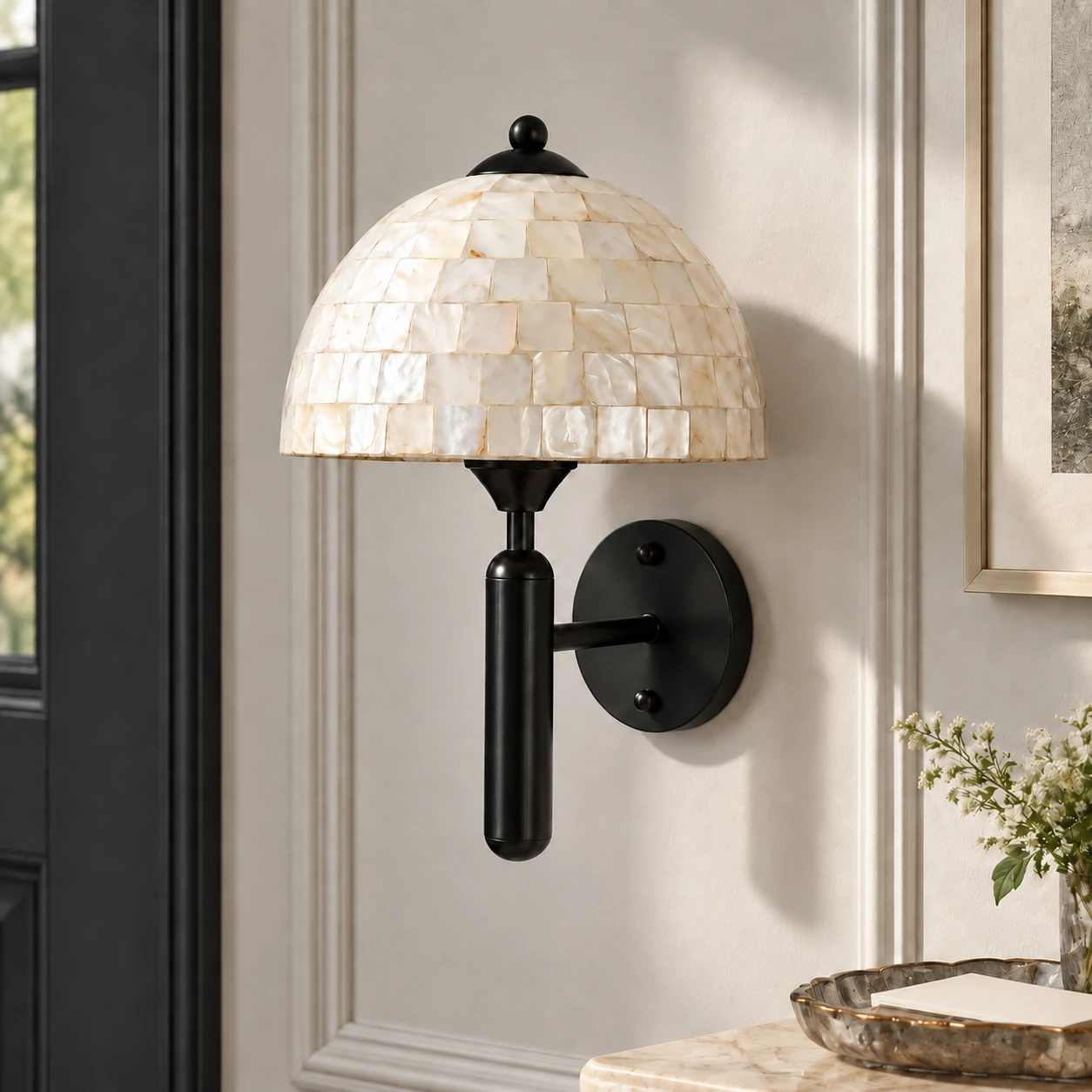 Black Nerelle white shell dome wall sconce