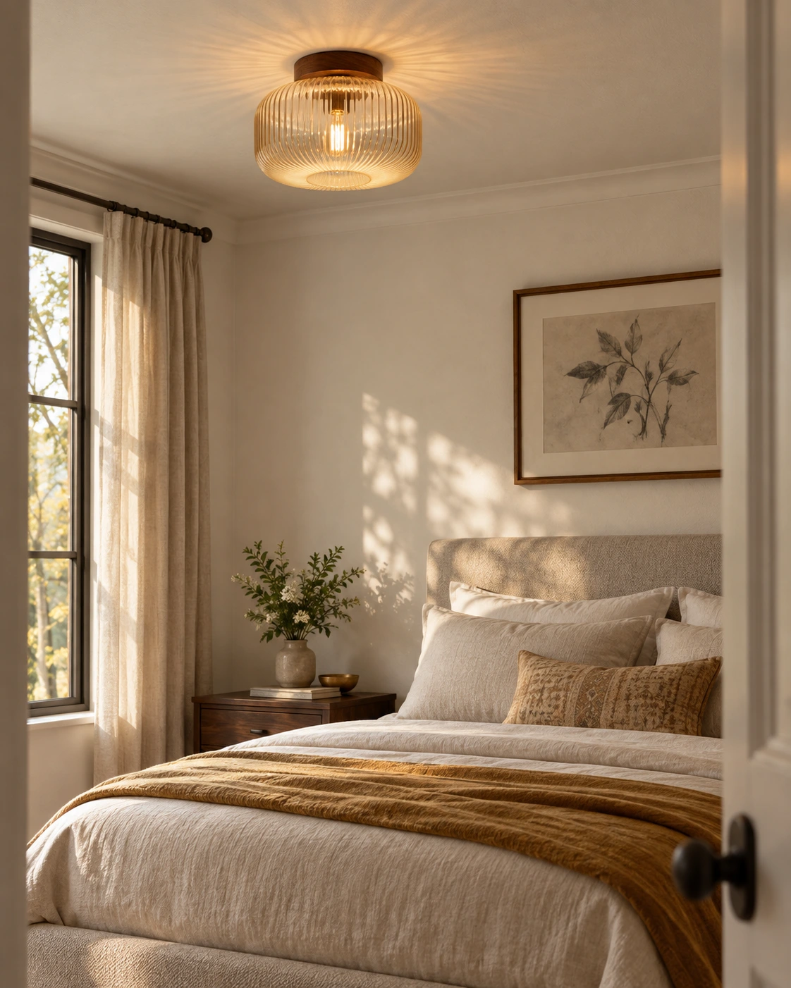 Compact amber glass ceiling light with a wooden base above a softly furnished bedroom