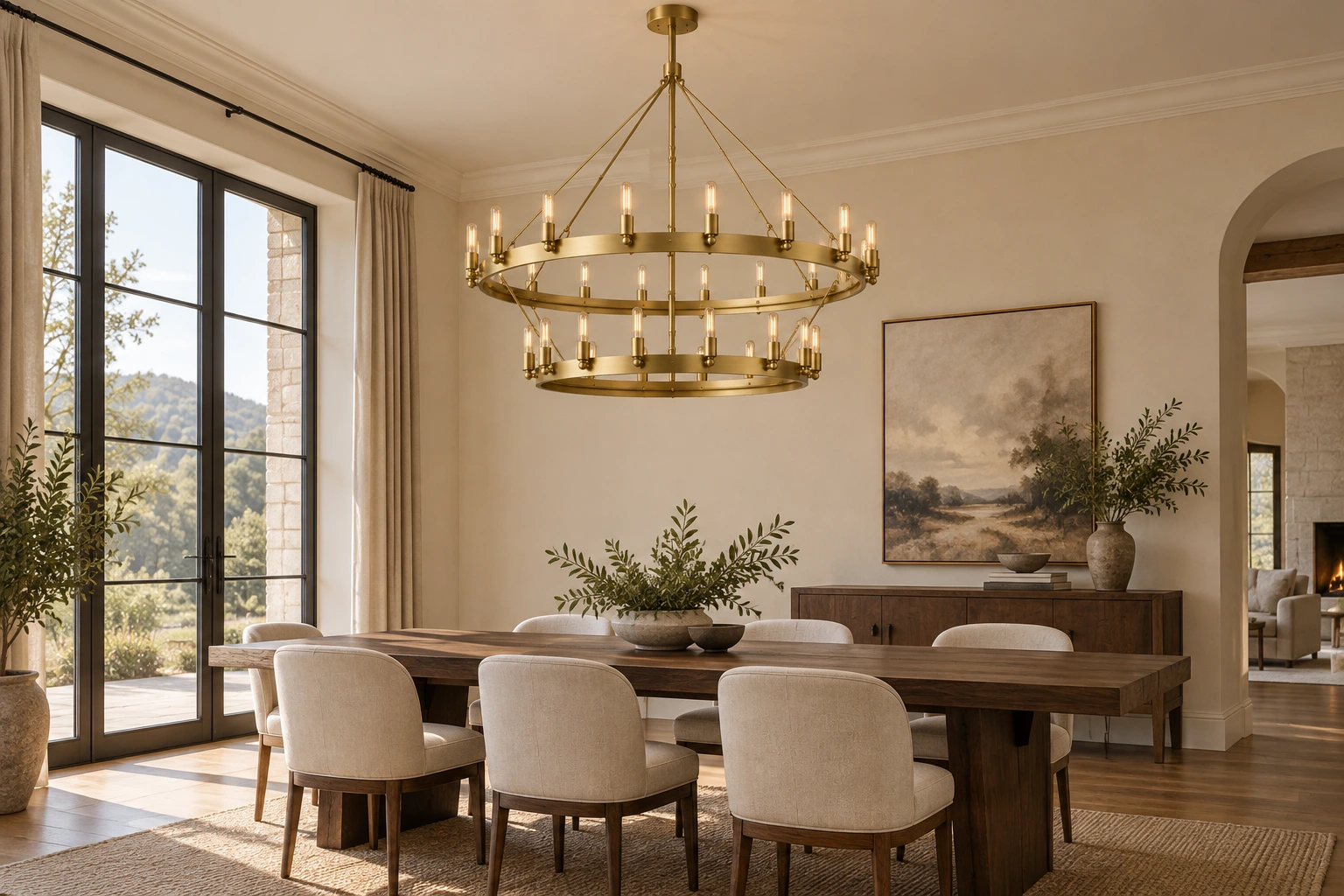 Brass two-tier round chandelier above a walnut dining table with cream upholstered chairs