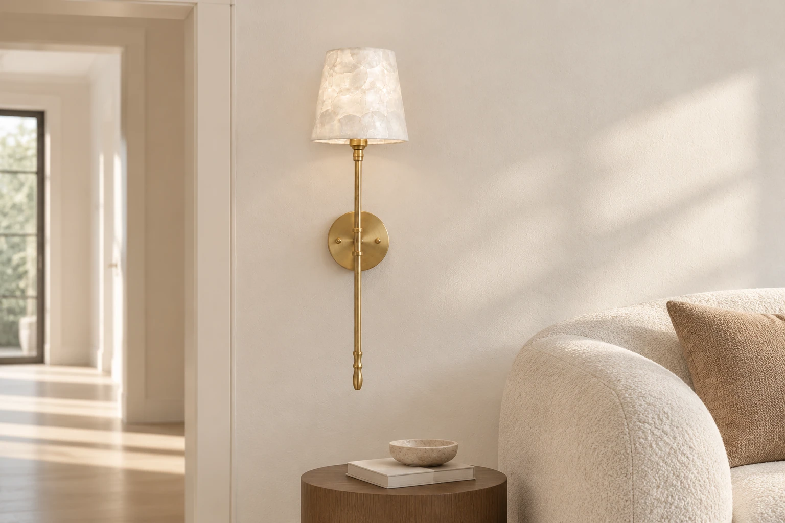 Brass and shell sconce on the wall beside a curved upholstered living-room chair