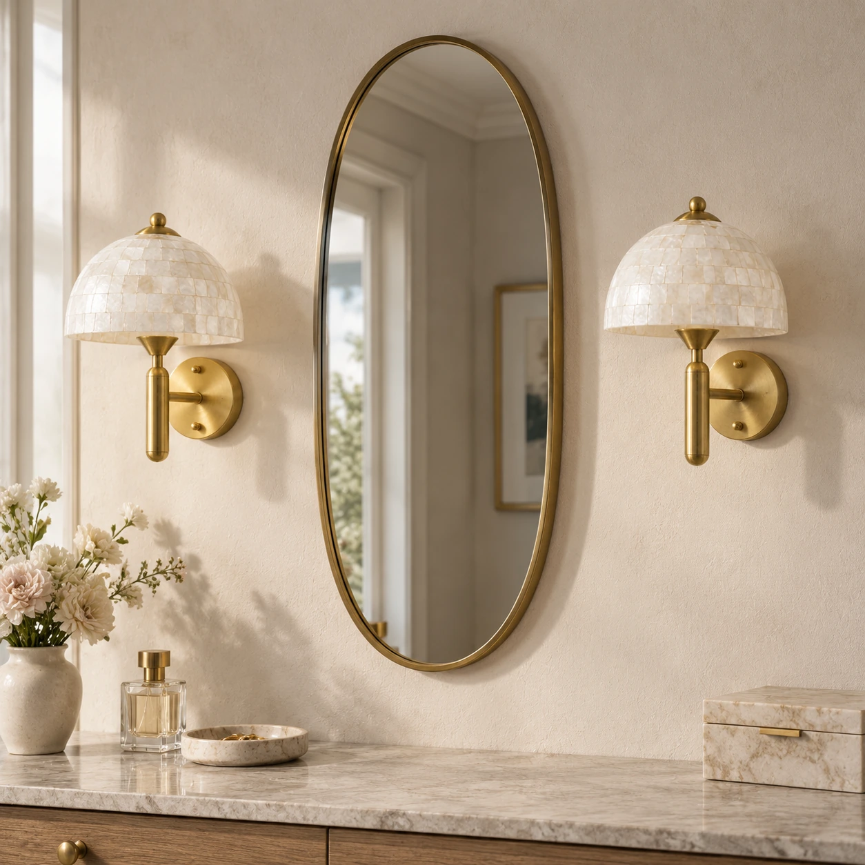 Gold Nerelle white shell dome wall sconce
