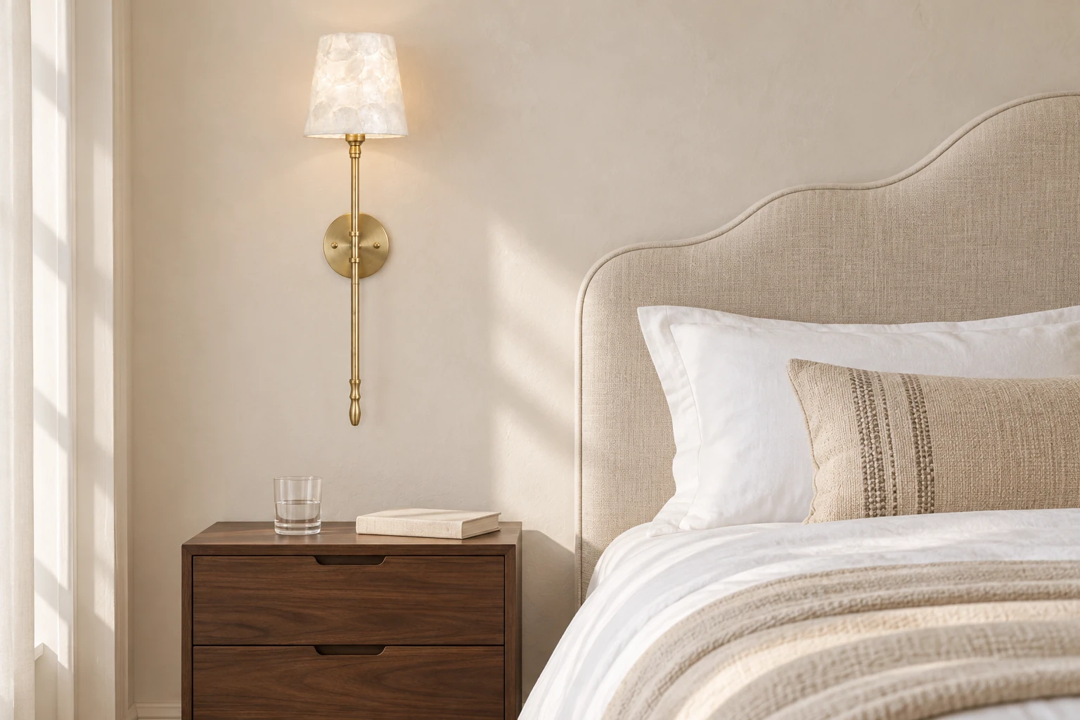 Shell wall sconce above a walnut bedside cabinet beside a pale linen headboard