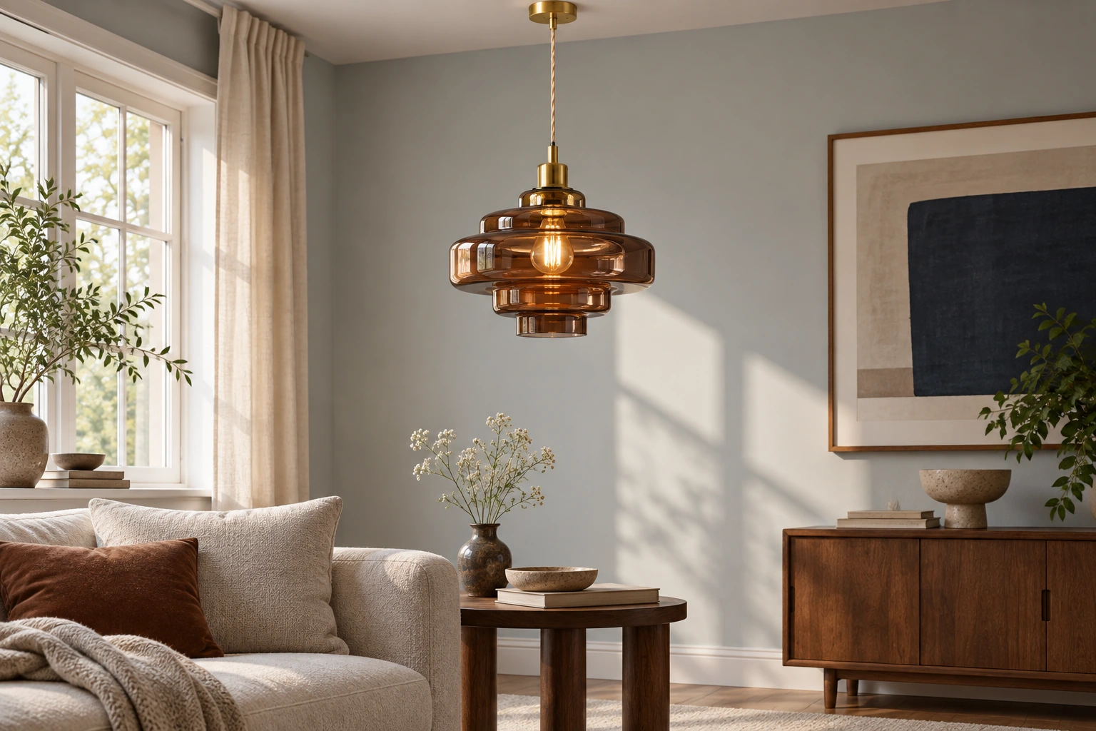 Brown glass pendant with its ceiling canopy above a living room end table