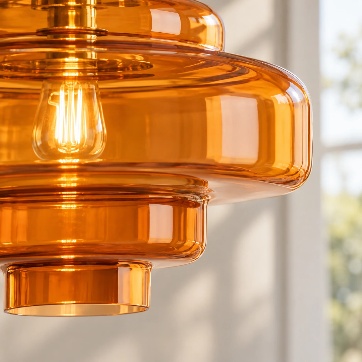 Light passing through the transparent amber orange tiered glass shade