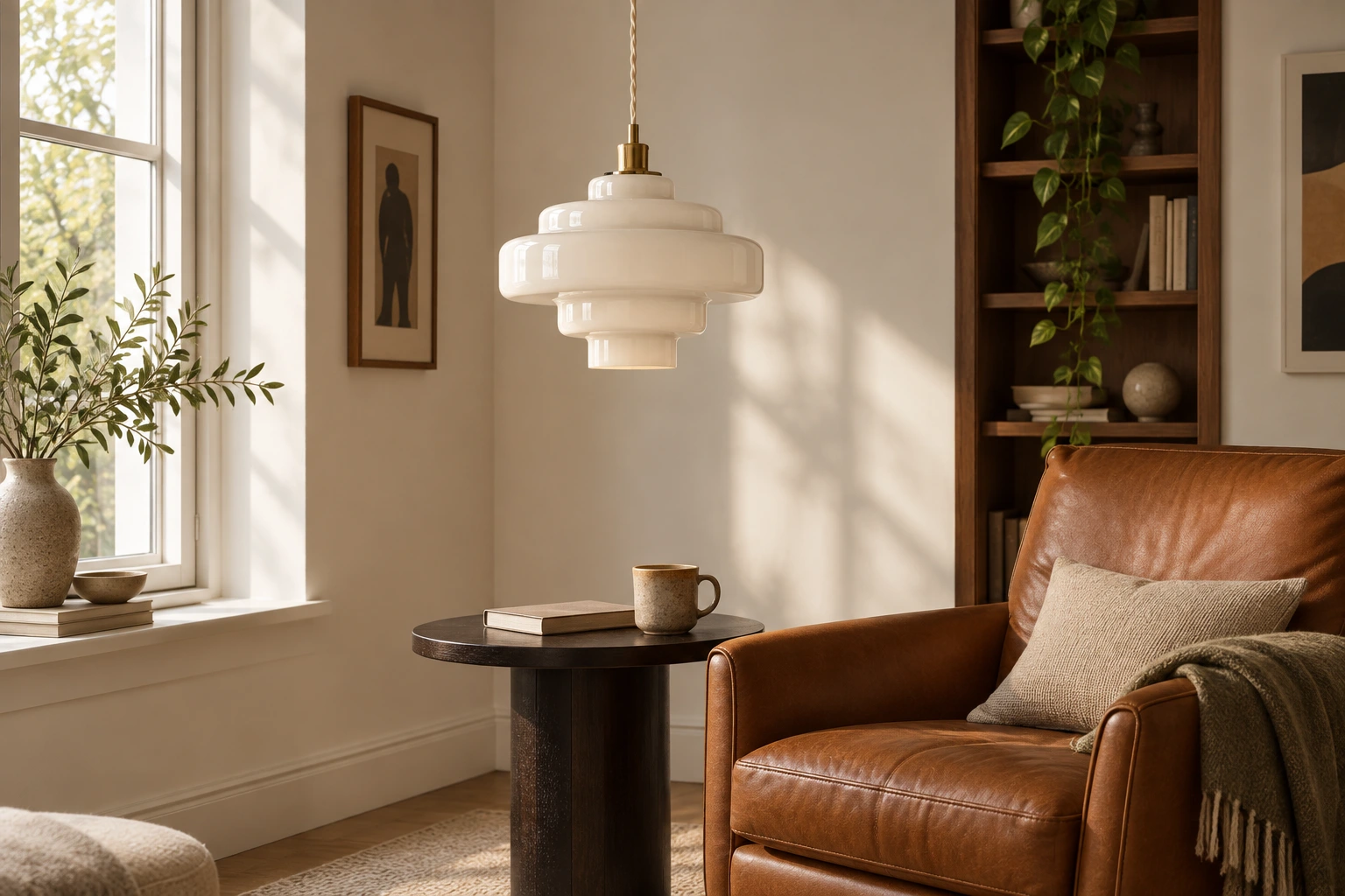 White tiered glass pendant beside a leather reading chair and book table