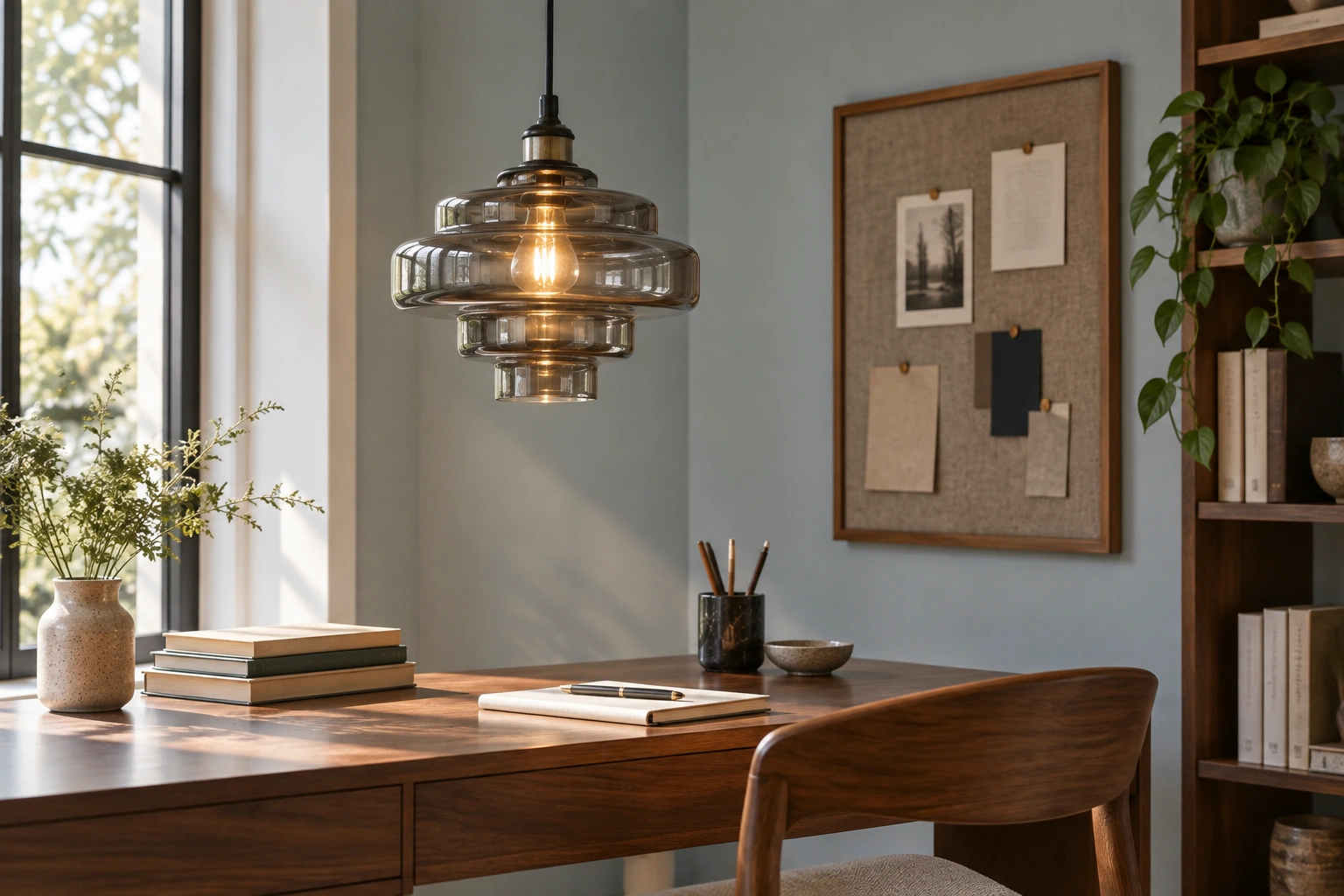 Smoke Grey glass pendant hanging above a home writing desk