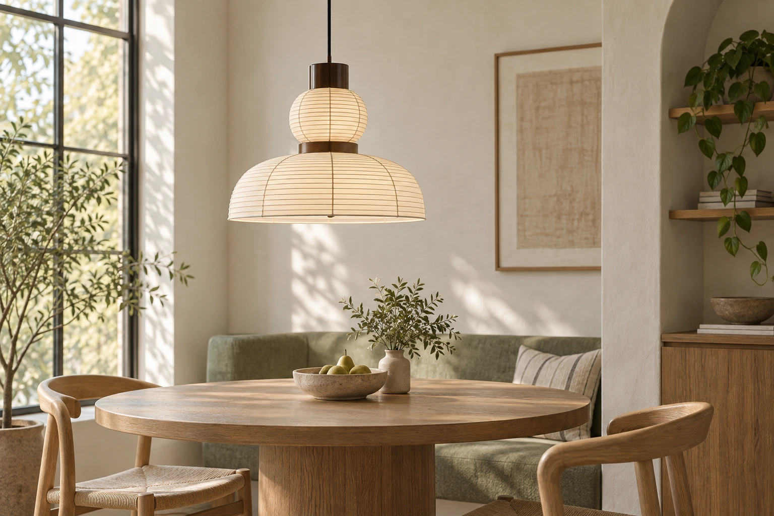 Renée Style C fabric pendant with a small gauze globe above a ribbed dome over an oak dining table