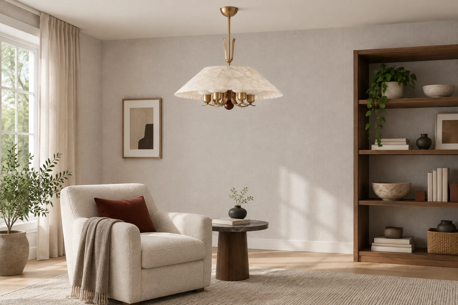 Nerina above a reading area with an armchair and bookcase