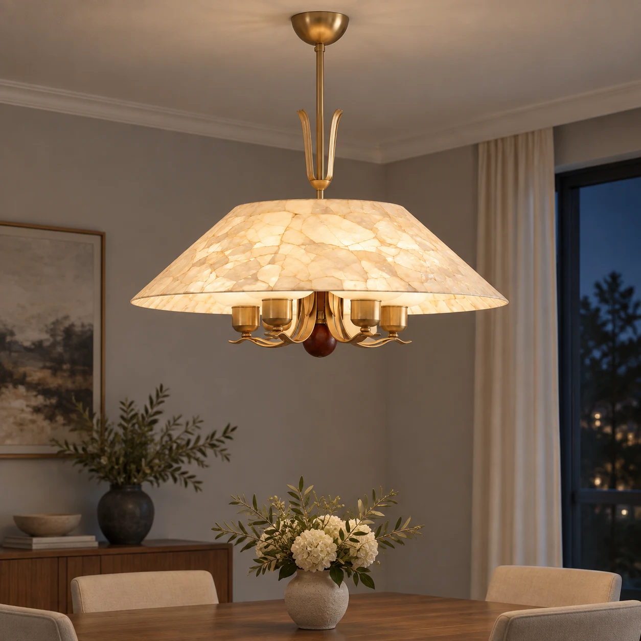 The full five-light chandelier illuminated in an evening interior