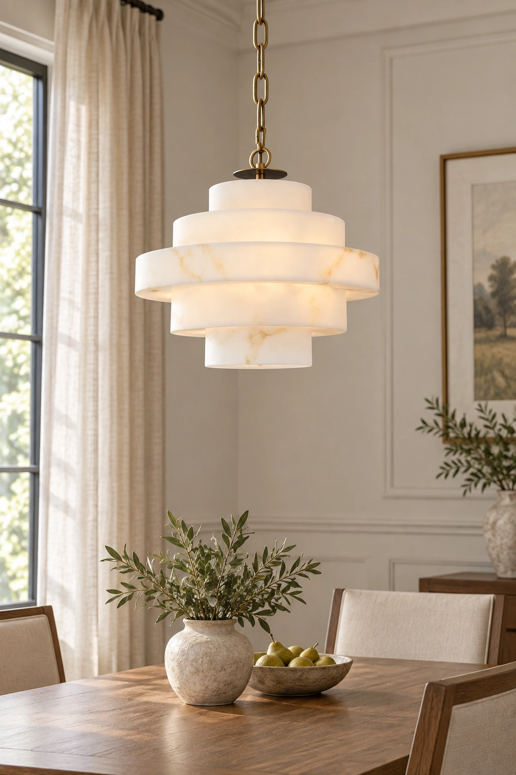 Complete five-tier pendant over a dining table beside tall curtains