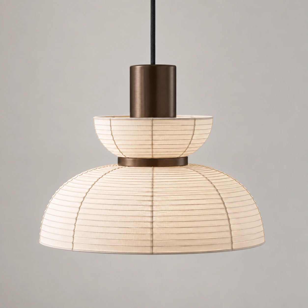 Unlit Renée Style A pendant showing its smaller upper bowl and broad lower fabric dome