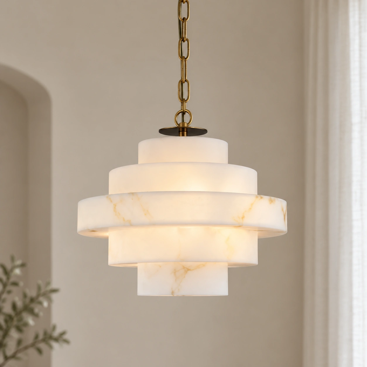 Complete five-tier pendant silhouette against a softly lit interior
