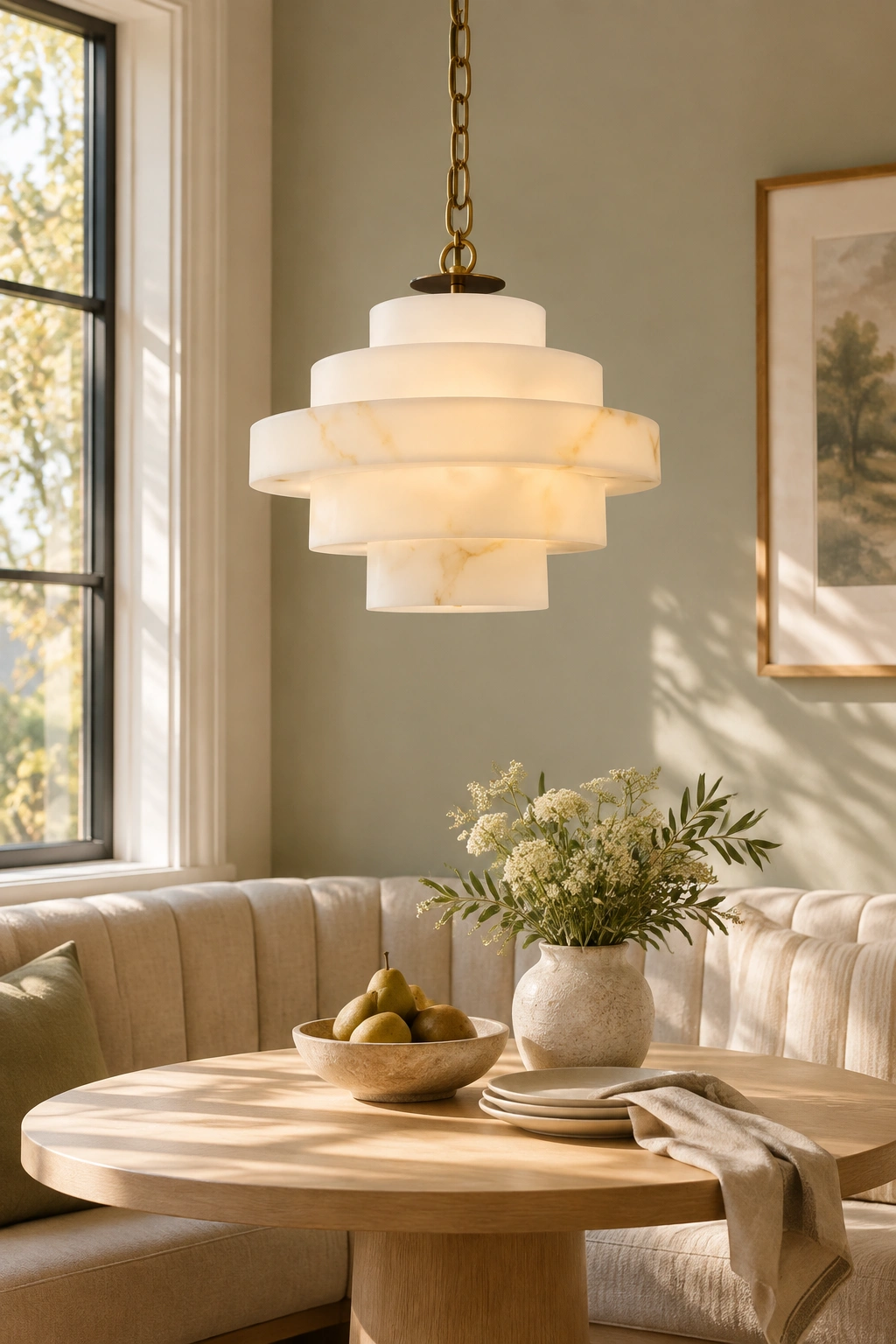 Jose pendant above a round breakfast table and banquette