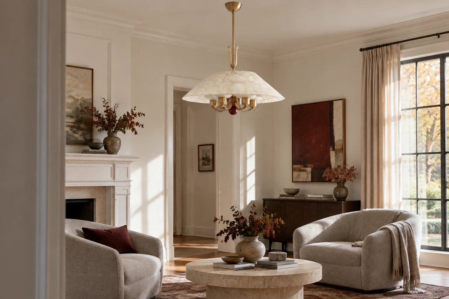 Full chandelier above a sitting area with pale upholstery