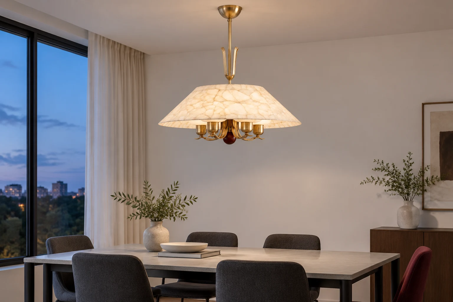 Illuminated shell chandelier above a dining table at dusk