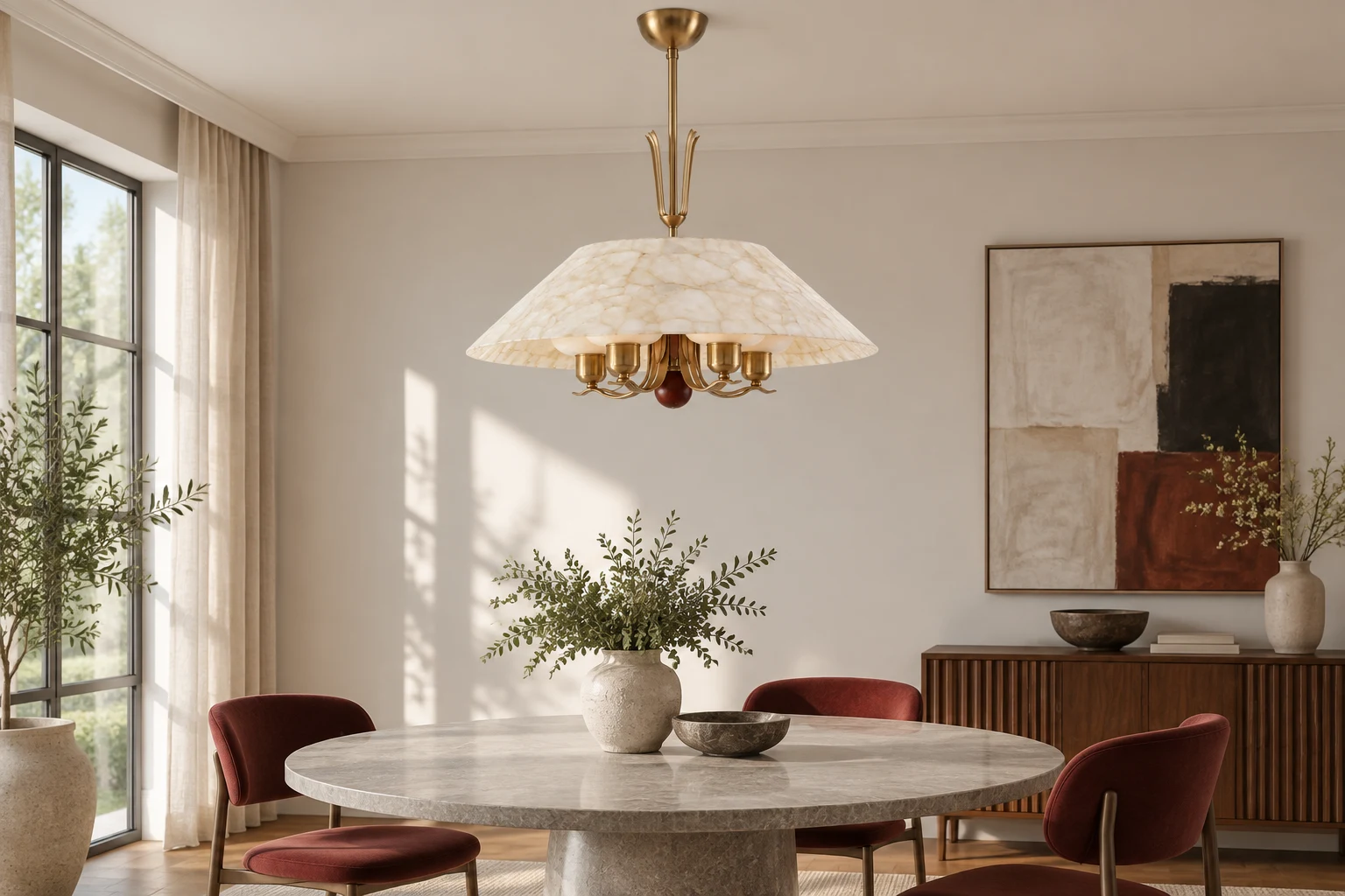 Dining room with the Nerina mother-of-pearl chandelier above a round table