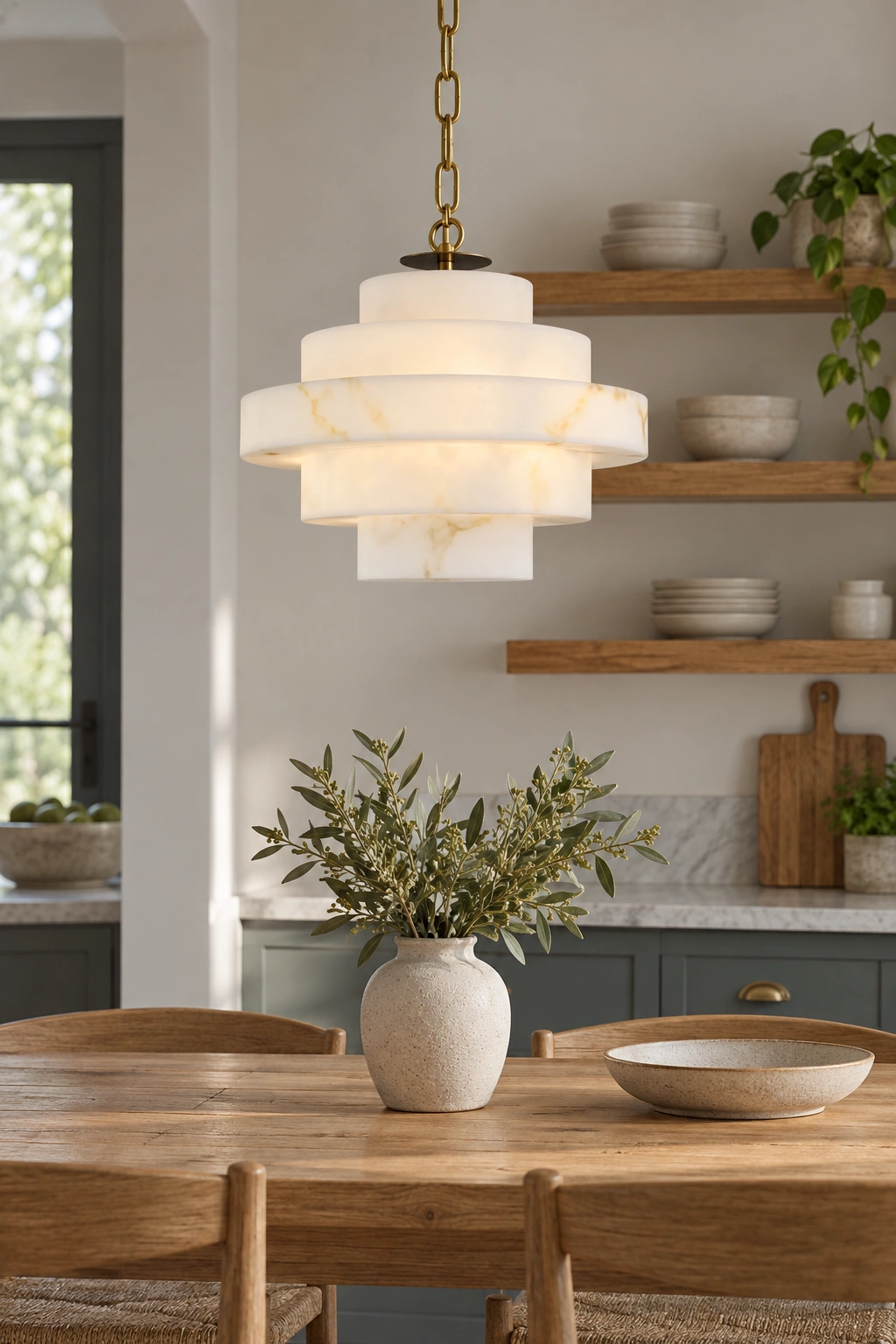 Jose pendant over a wood table in an open kitchen and dining space