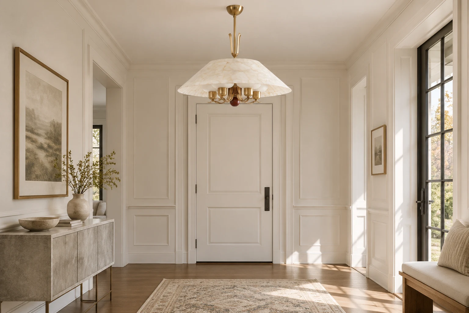 Nerina chandelier in an entryway with a door and console