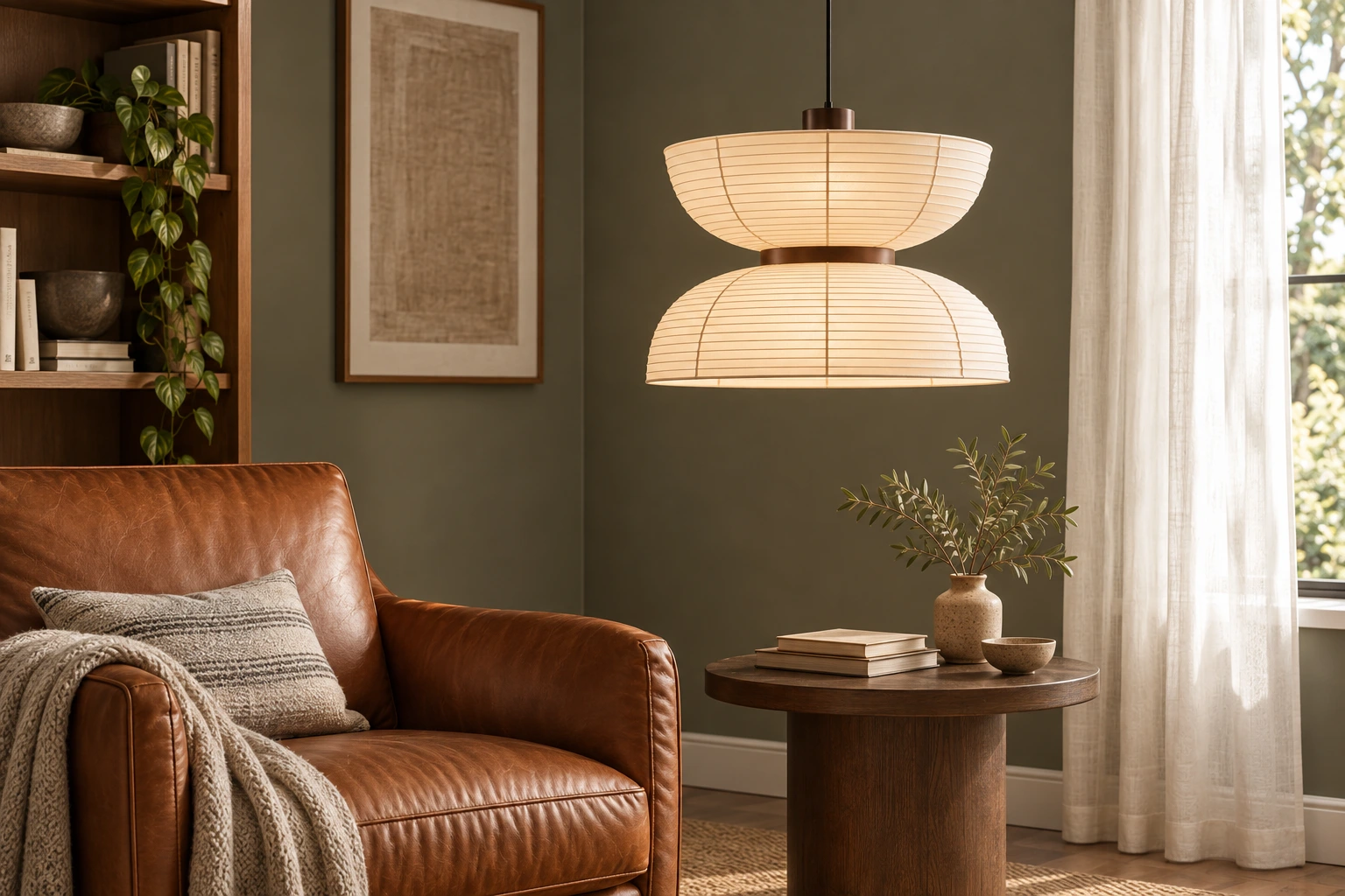 Renée Style B fabric pendant above a side table beside a leather reading chair