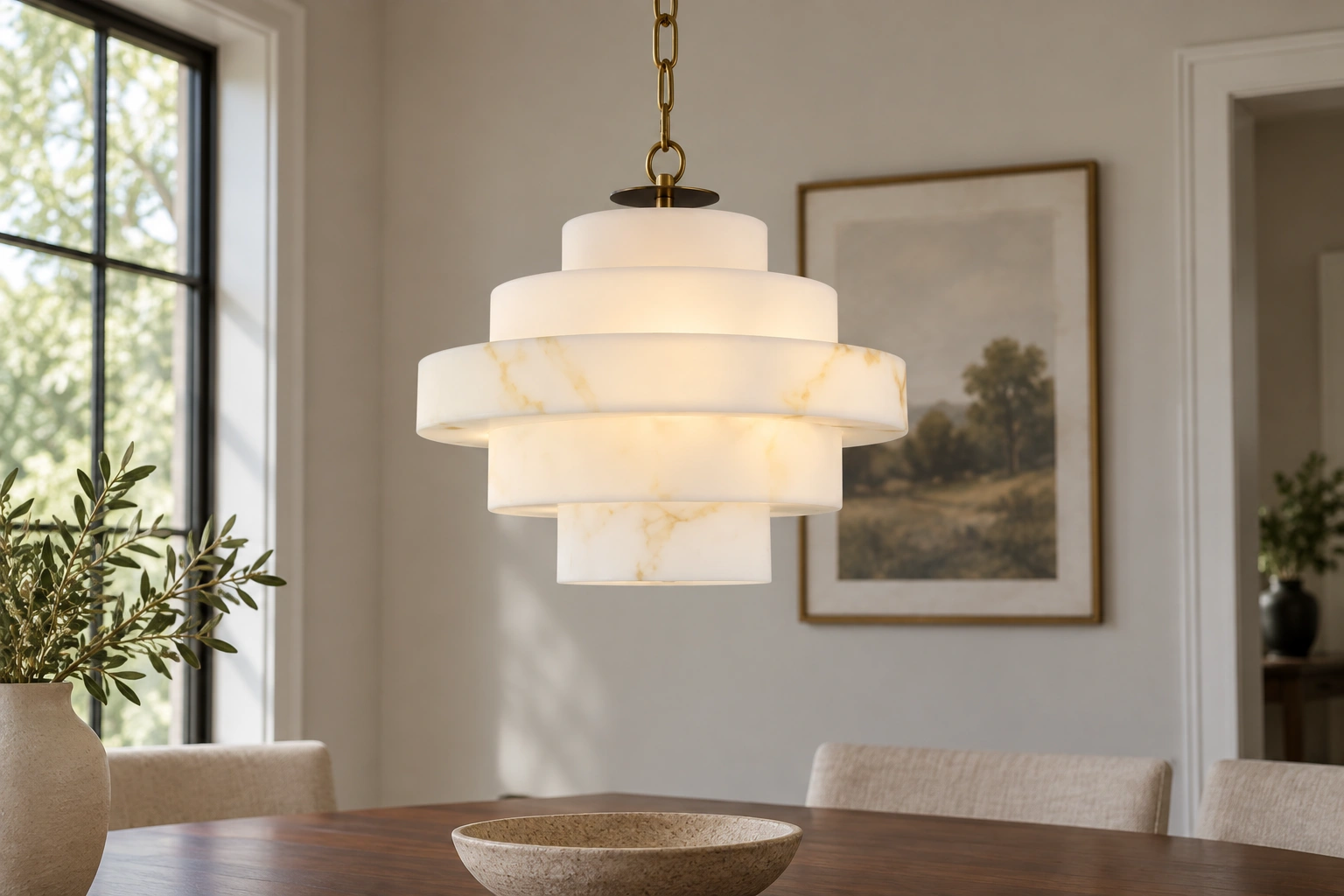 Jose five-tier ivory pendant suspended over a walnut dining table