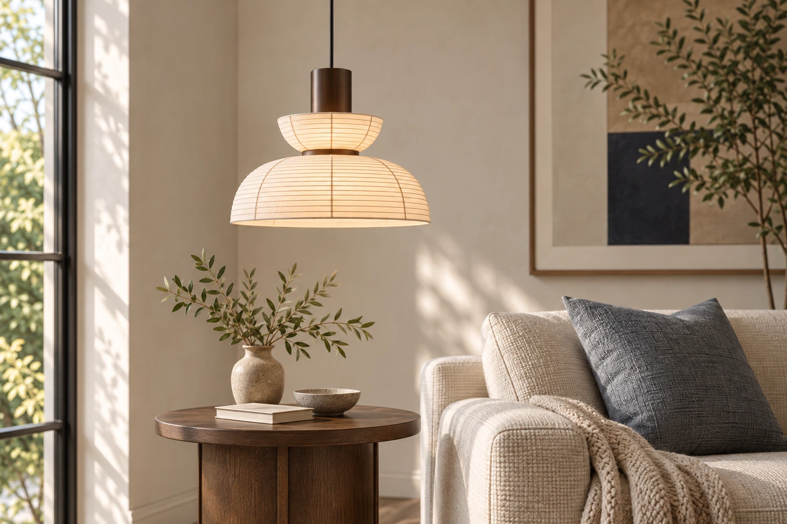Renée Style A fabric pendant above a dark oak side table beside an oatmeal sofa