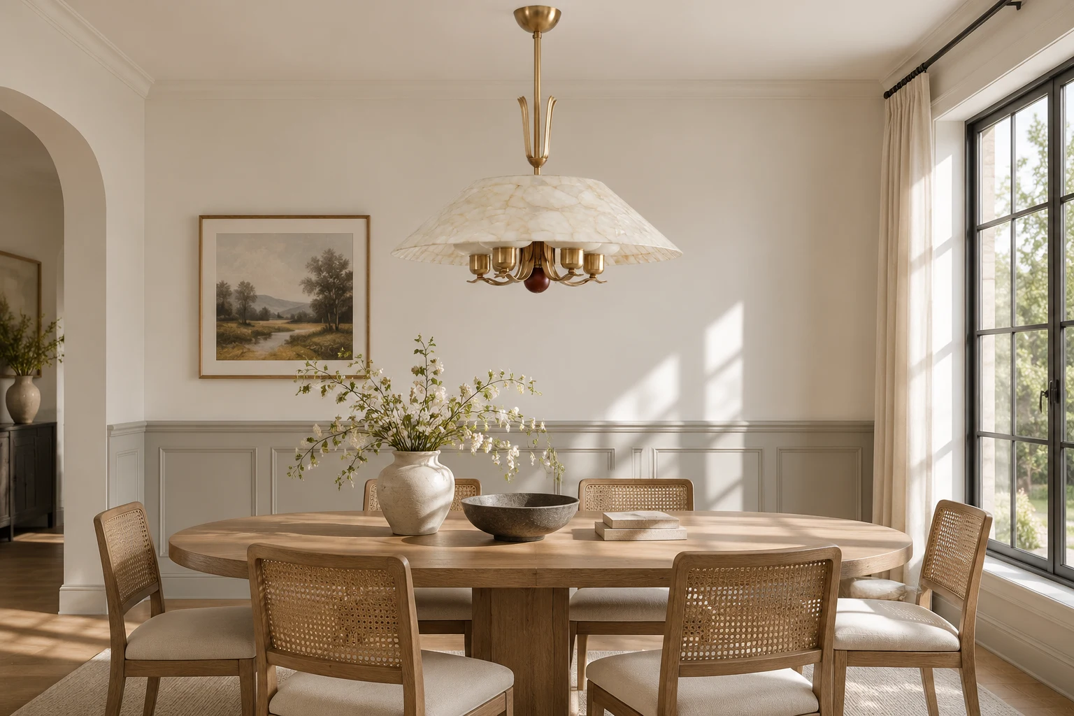 Nerina chandelier over a dining table in a light-filled room
