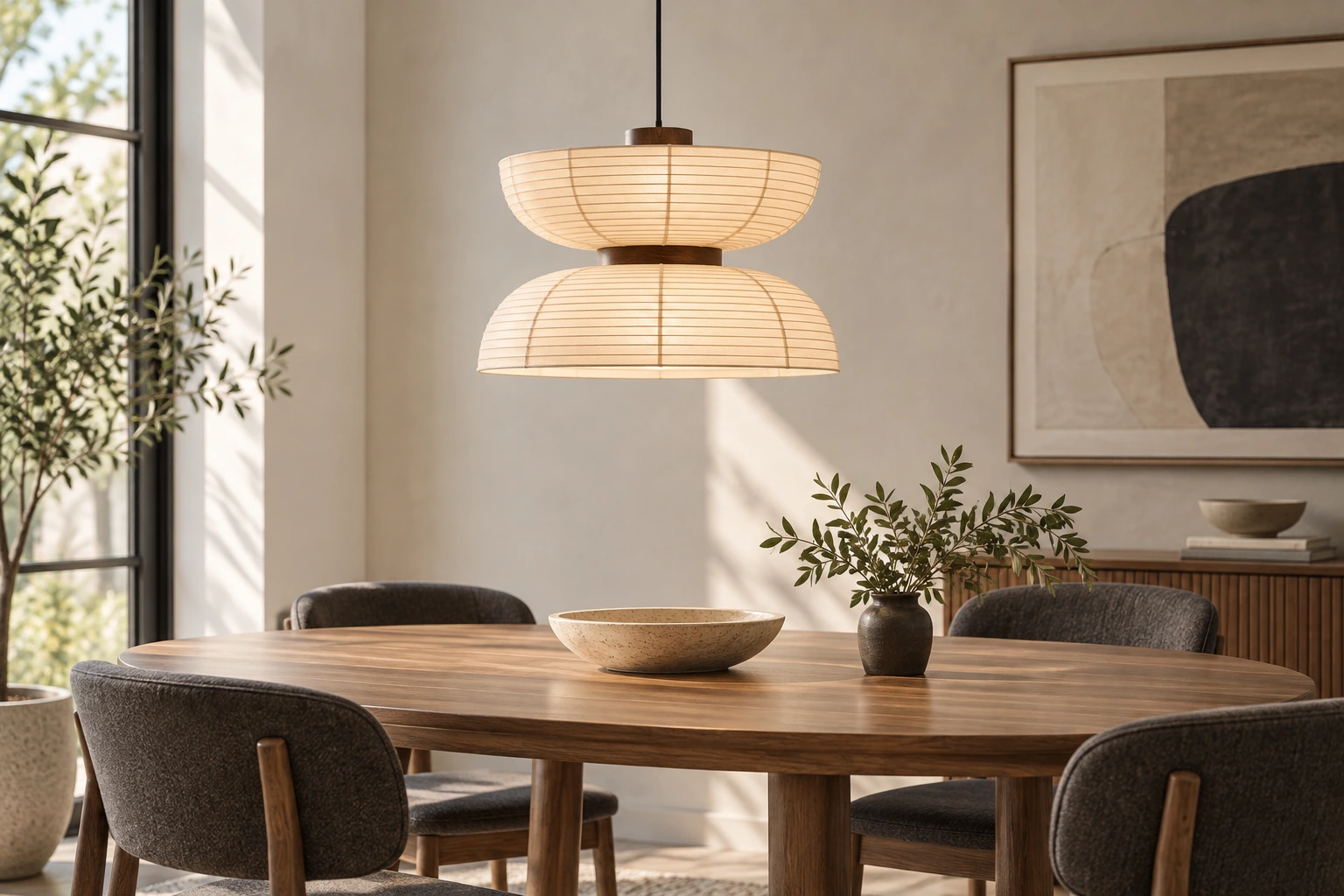 Renée Style B pendant with two broad opposing fabric shades above an oval dining table