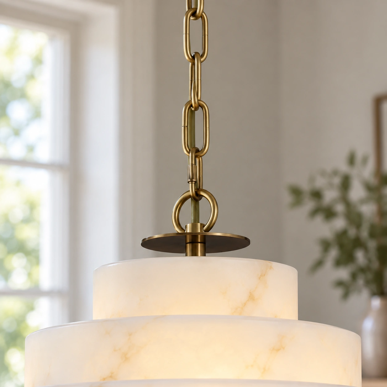 Warm metallic chain, joining ring and connector above the ivory shade