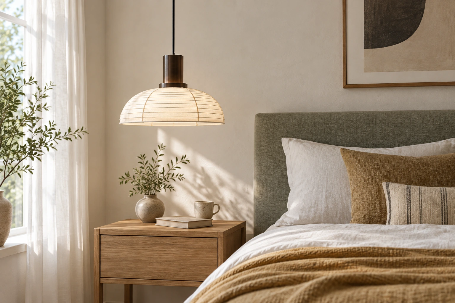 Renée Style D single-dome fabric pendant beside an upholstered bed and oak bedside cabinet