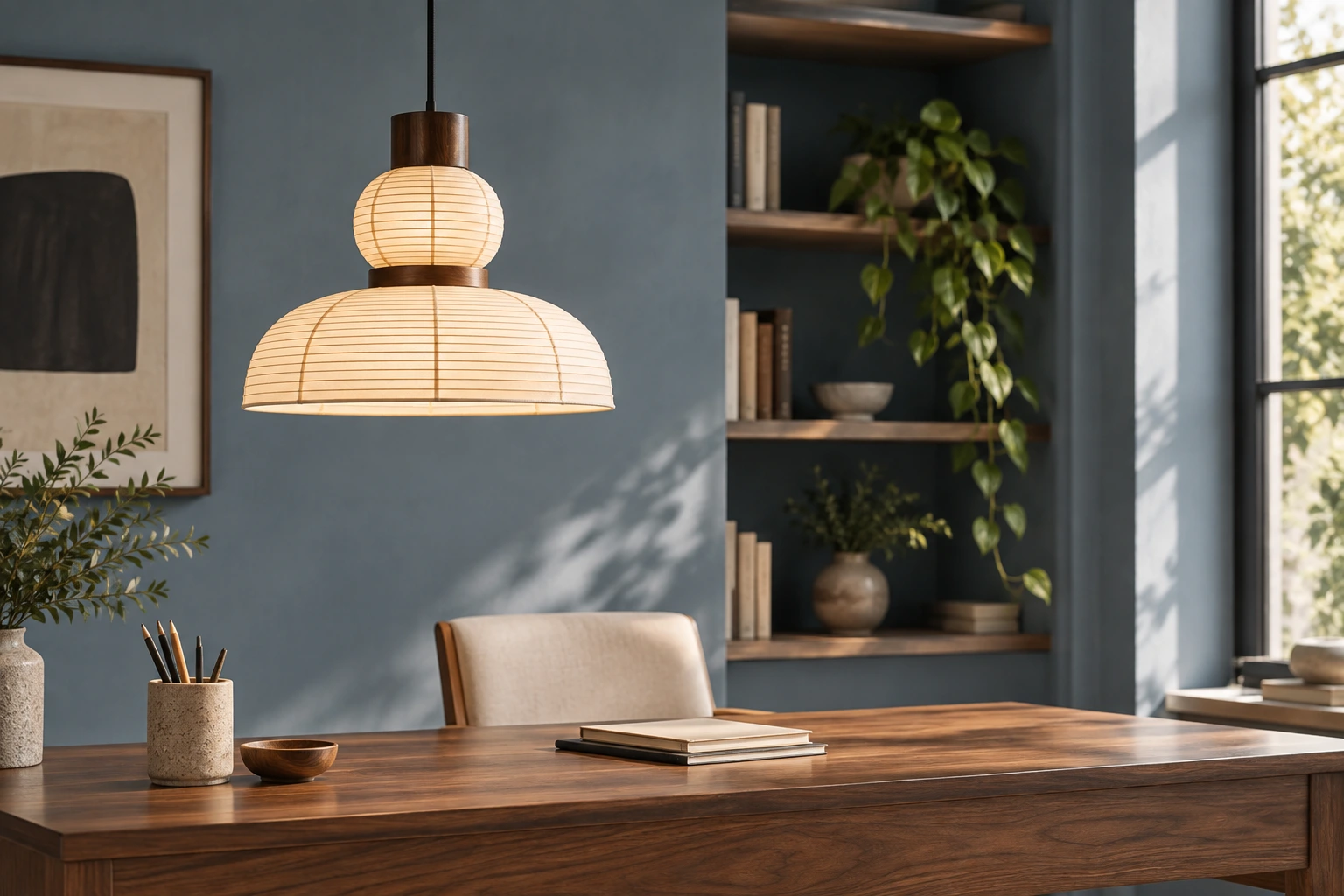 Complete Renée Style C lamp body hanging above a walnut desk in a dusty blue home study