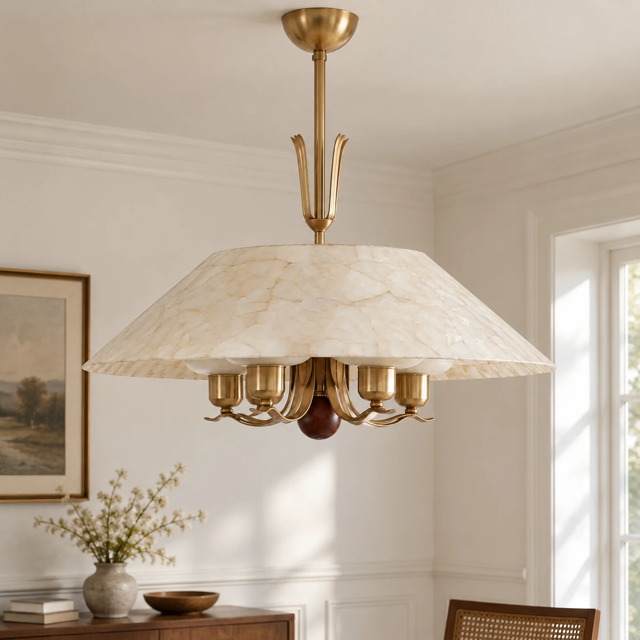 Complete chandelier viewed from a near-level three-quarter position