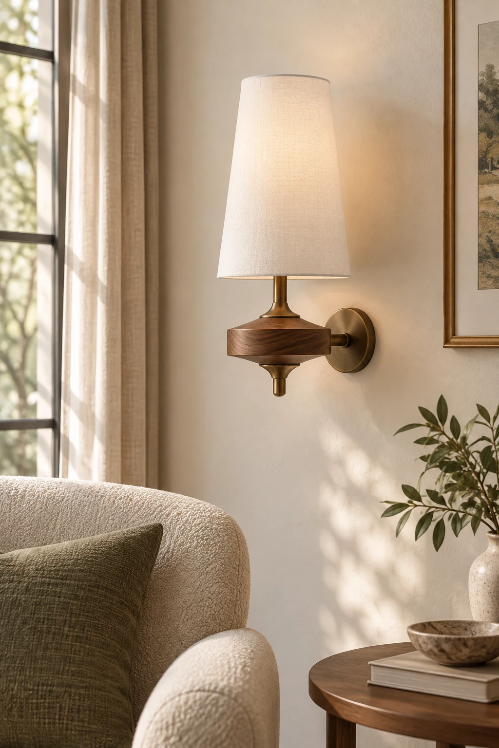 White single-head wall sconce in a living room