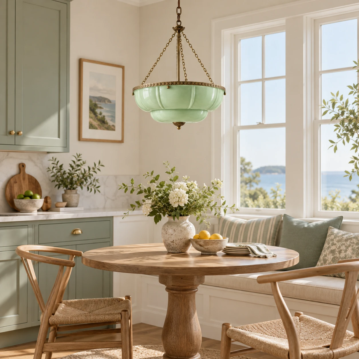 Light green bowl pendant above a kitchen breakfast table