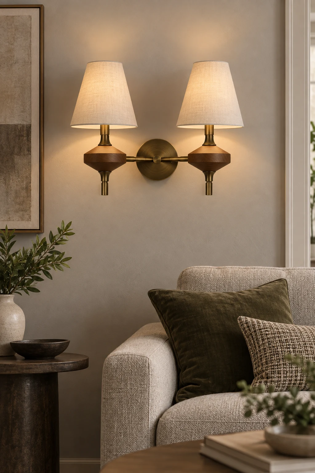 White twin-head wall sconce on a living room wall