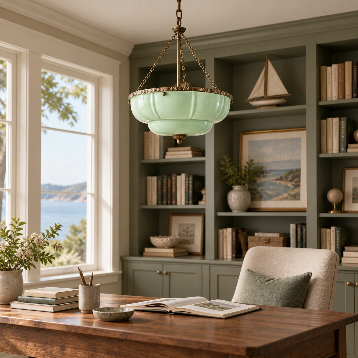 Light green bowl pendant above a reading table