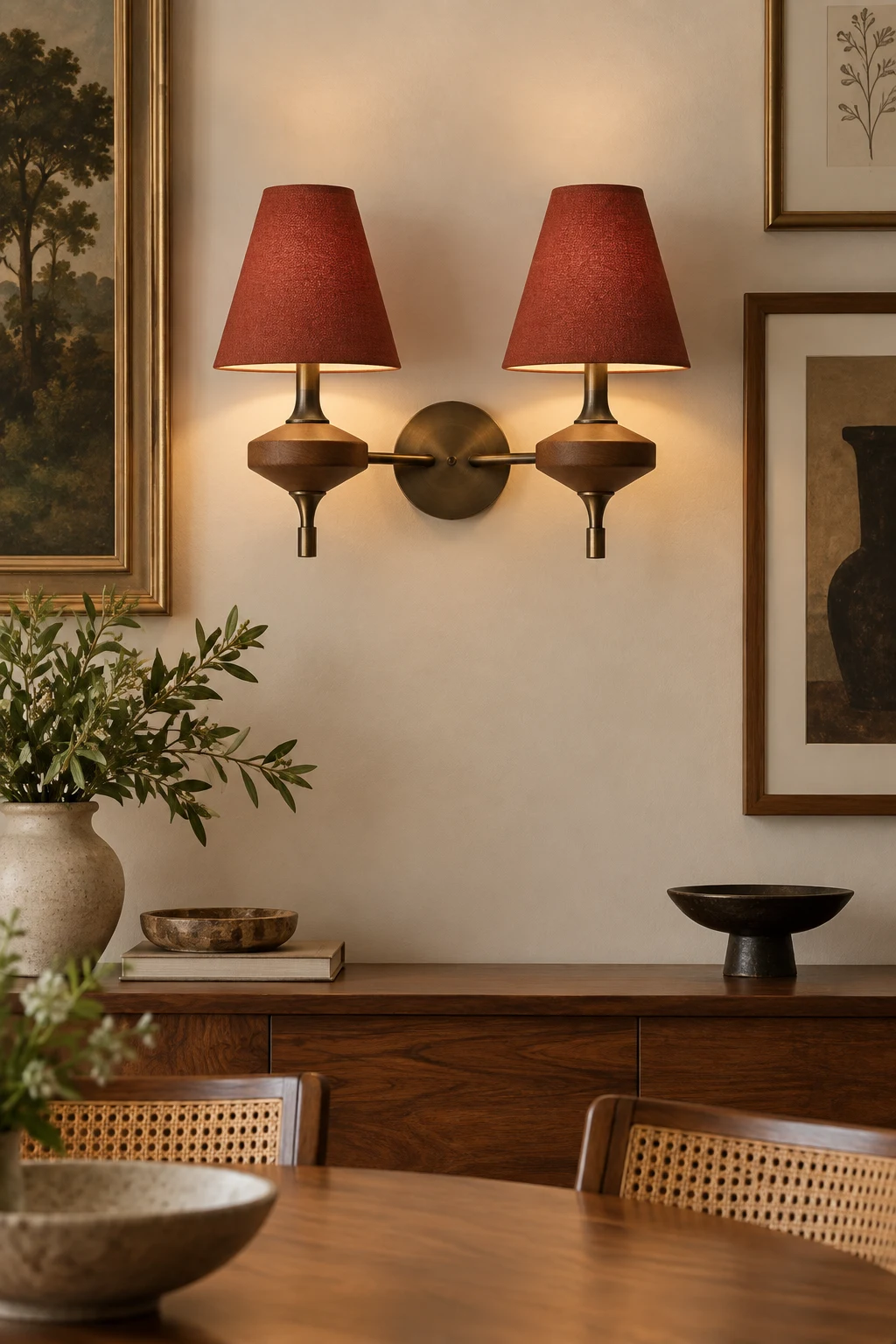 Brick-red twin-head wall sconce on a dining room art wall