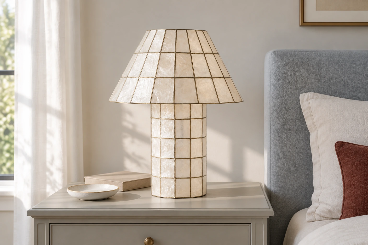 Shell table lamp on a nightstand beside a pale upholstered headboard