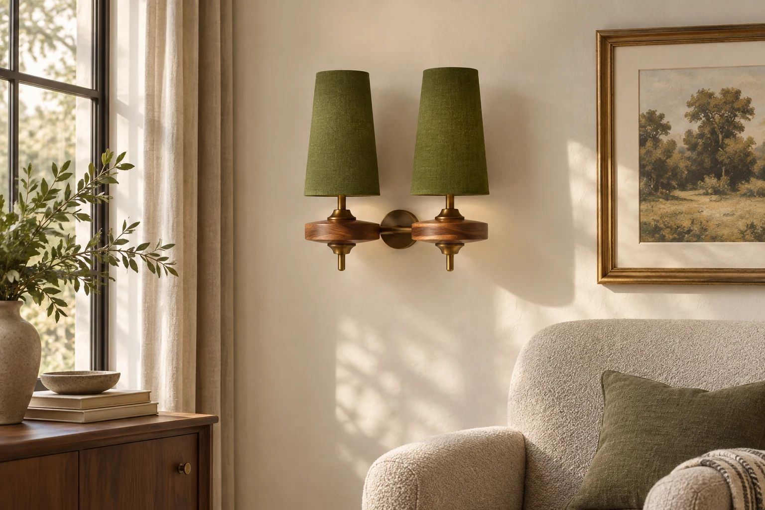 Twin-head olive green fabric shade wall sconce in a living room