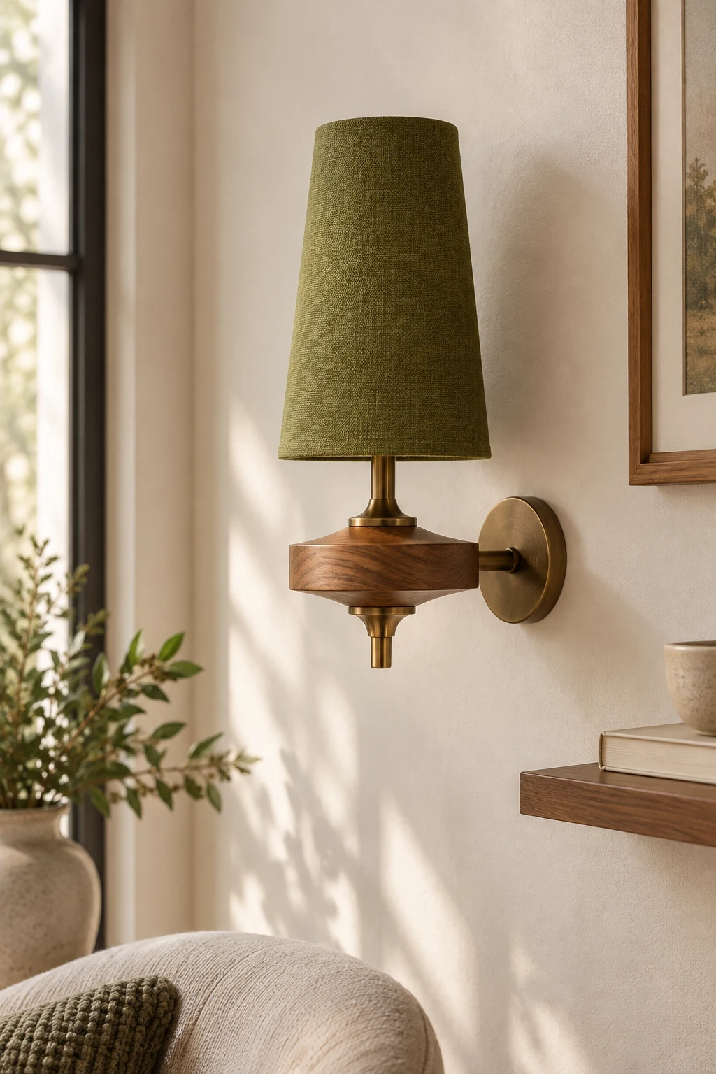 Olive green single-head wall sconce in a reading corner